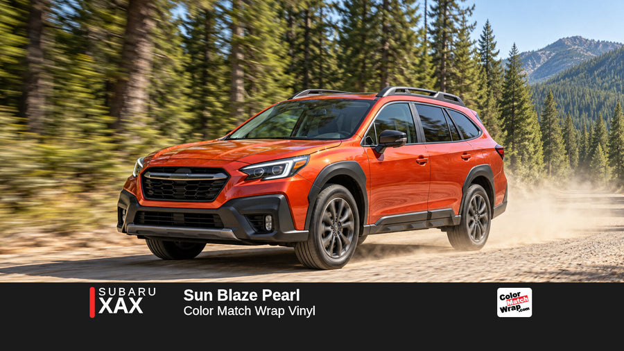 Illustrative Outback-inspired wagon in Subaru XAX Sun Blaze Pearl with Color Match Wrap branding
