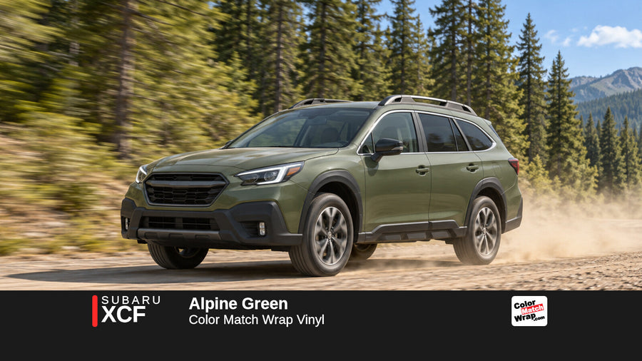 Illustrative Outback-inspired wagon in Subaru XCF Alpine Green with Color Match Wrap branding