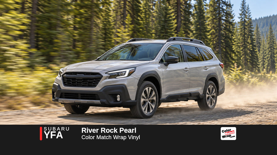 Illustrative Outback-inspired wagon in Subaru YFA River Rock Pearl with Color Match Wrap branding