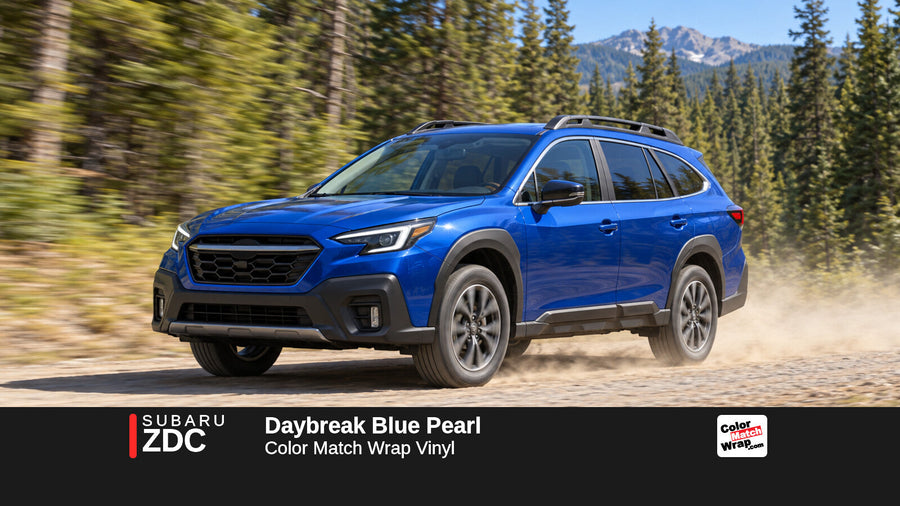 Illustrative Outback-inspired wagon in Subaru ZDC Daybreak Blue Pearl with Color Match Wrap branding