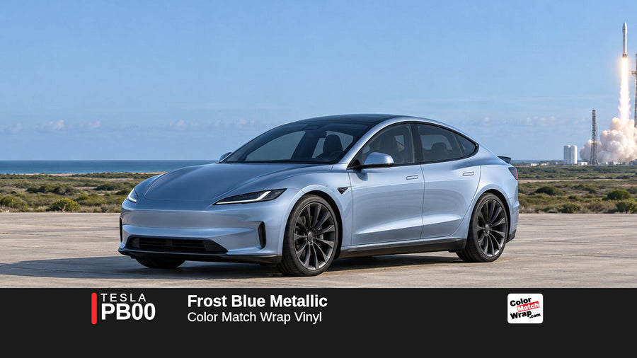 Illustrative Model S Plaid-inspired sedan in Tesla PB00 Frost Blue Metallic with Color Match Wrap branding