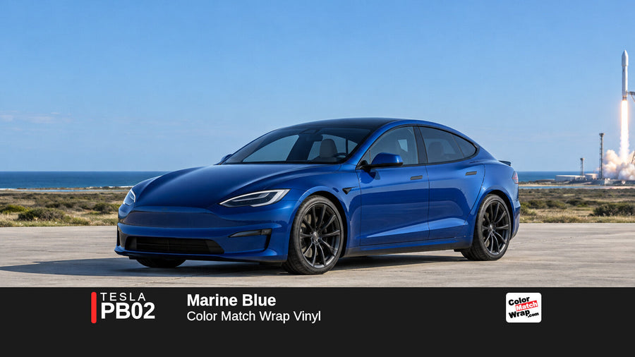 Illustrative Model S Plaid-inspired sedan in Tesla PB02 Marine Blue with Color Match Wrap branding