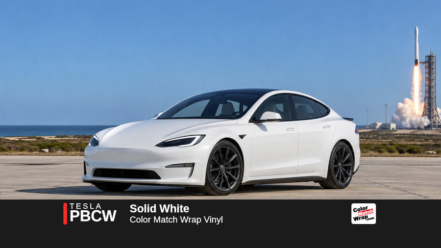 Illustrative Model S Plaid-inspired sedan in Tesla PBCW Solid White with Color Match Wrap branding