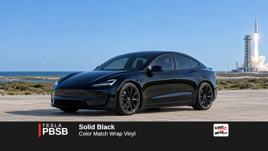 Illustrative Model S Plaid-inspired sedan in Tesla PBSB Solid Black with Color Match Wrap branding