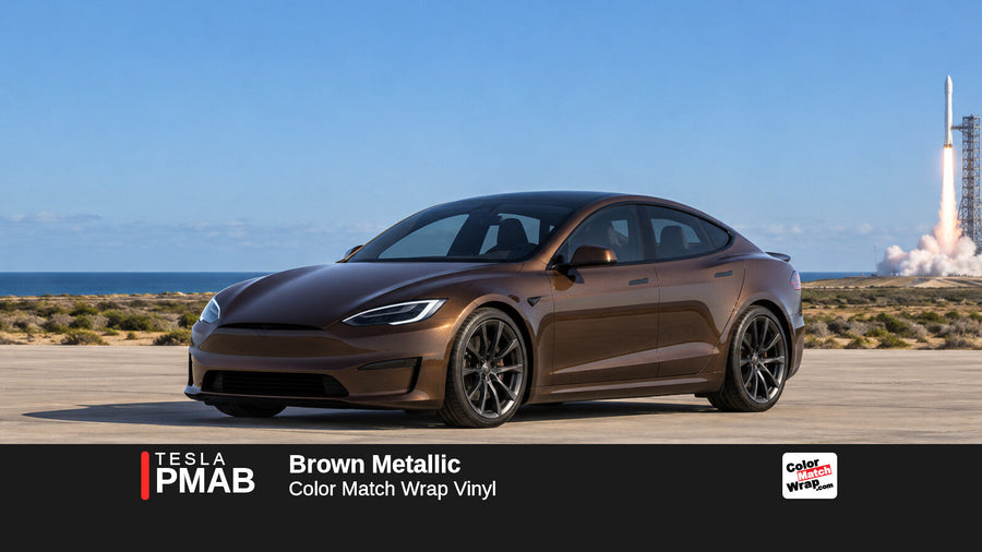Illustrative Model S Plaid-inspired sedan in Tesla PMAB Brown Metallic with Color Match Wrap branding