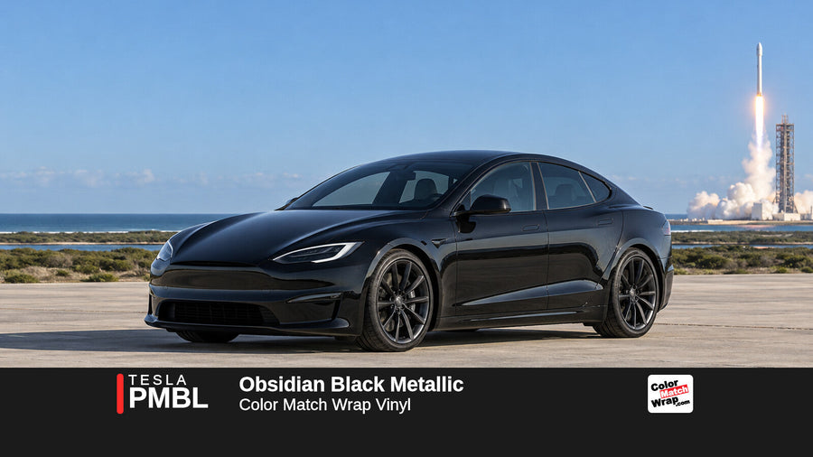 Illustrative Model S Plaid-inspired sedan in Tesla PMBL Obsidian Black Metallic with Color Match Wrap branding