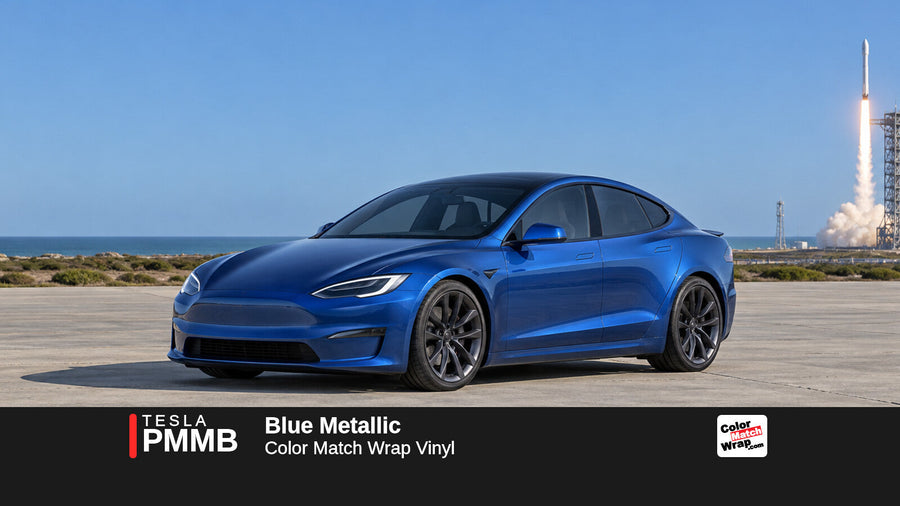 Illustrative Model S Plaid-inspired sedan in Tesla PMMB Blue Metallic with Color Match Wrap branding