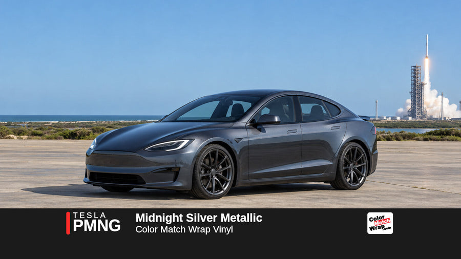Illustrative Model S Plaid-inspired sedan in Tesla PMNG Midnight Silver Metallic with Color Match Wrap branding