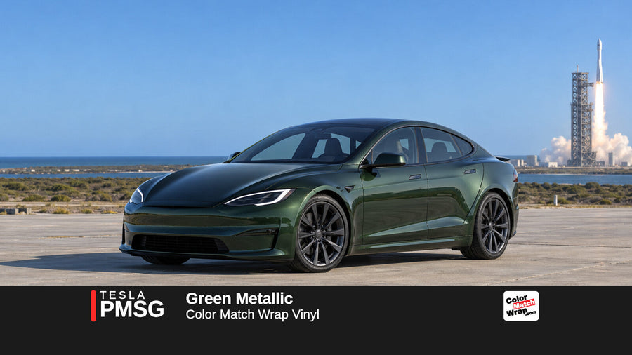 Illustrative Model S Plaid-inspired sedan in Tesla PMSG Green Metallic with Color Match Wrap branding
