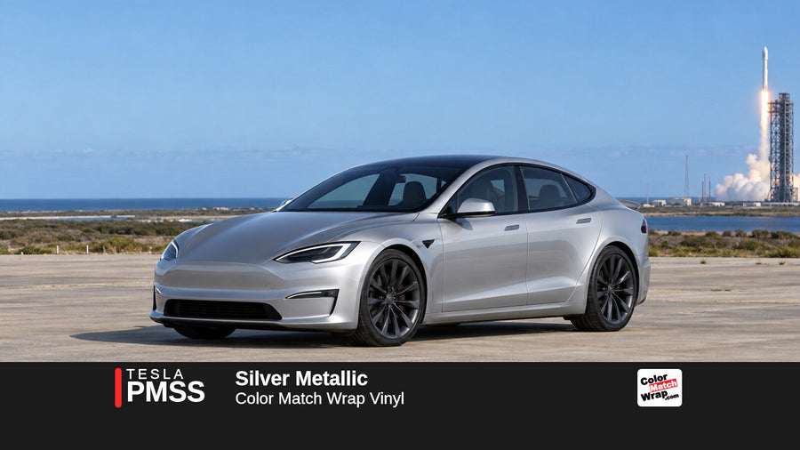 Illustrative Model S Plaid-inspired sedan in Tesla PMSS Silver Metallic with Color Match Wrap branding
