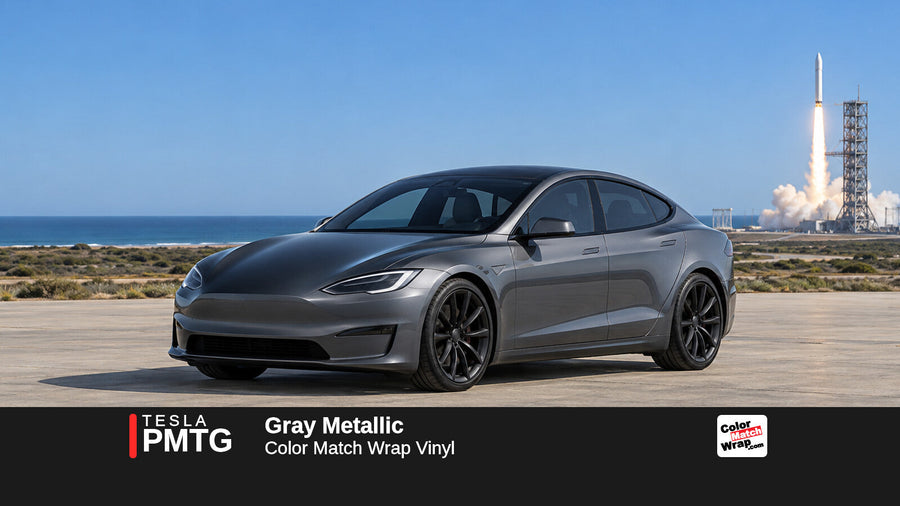 Illustrative Model S Plaid-inspired sedan in Tesla PMTG Gray Metallic with Color Match Wrap branding