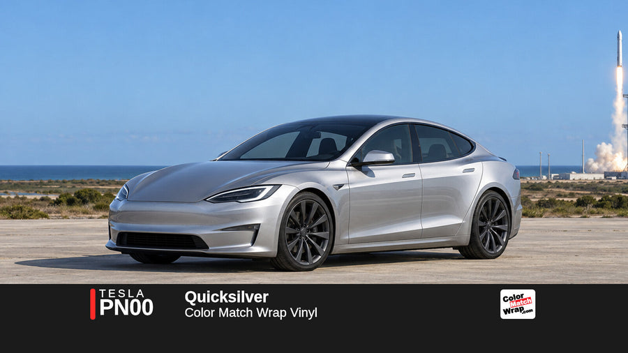 Illustrative Model S Plaid-inspired sedan in Tesla PN00 Quicksilver with Color Match Wrap branding