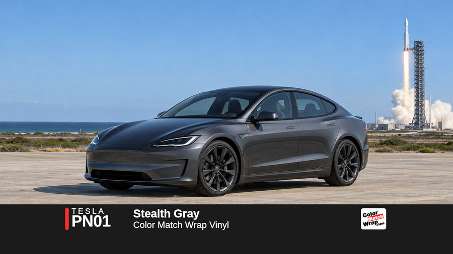 Illustrative Model S Plaid-inspired sedan in Tesla PN01 Stealth Gray with Color Match Wrap branding
