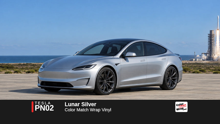 Illustrative Model S Plaid-inspired sedan in Tesla PN02 Lunar Silver with Color Match Wrap branding