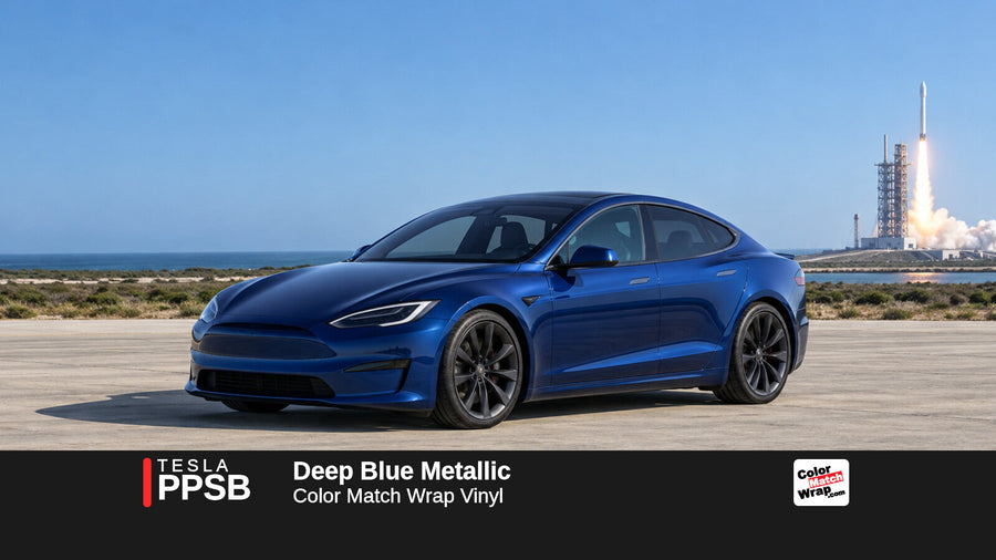 Illustrative Model S Plaid-inspired sedan in Tesla PPSB Deep Blue Metallic with Color Match Wrap branding