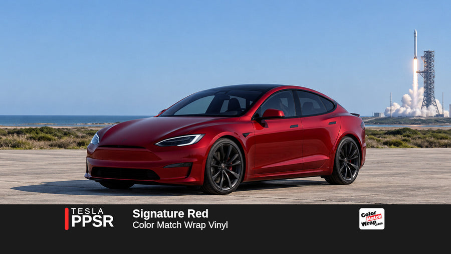 Illustrative Model S Plaid-inspired sedan in Tesla PPSR Signature Red with Color Match Wrap branding