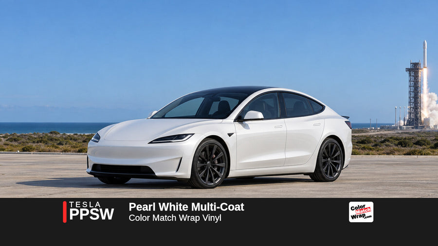 Illustrative Model S Plaid-inspired sedan in Tesla PPSW Pearl White Multi-Coat with Color Match Wrap branding