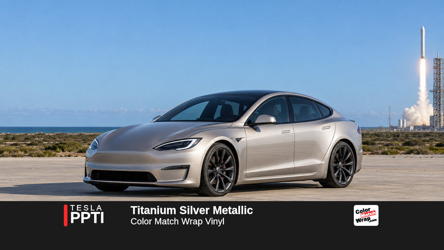 Illustrative Model S Plaid-inspired sedan in Tesla PPTI Titanium Silver Metallic with Color Match Wrap branding