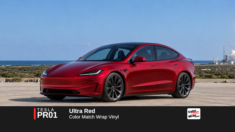 Illustrative Model S Plaid-inspired sedan in Tesla PR01 Ultra Red with Color Match Wrap branding