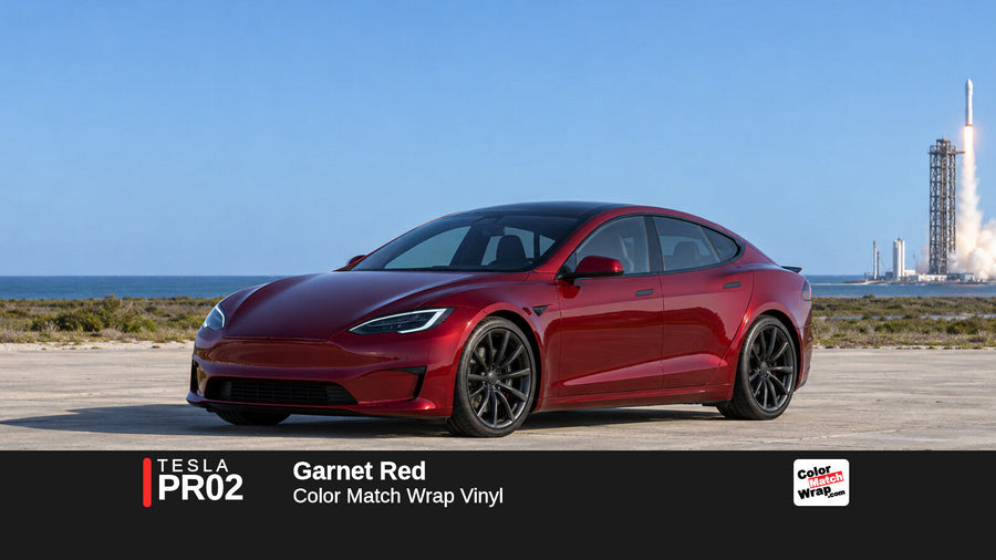 Illustrative Model S Plaid-inspired sedan in Tesla PR02 Garnet Red with Color Match Wrap branding