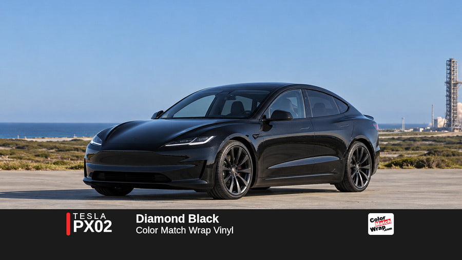 Illustrative Model S Plaid-inspired sedan in Tesla PX02 Diamond Black with Color Match Wrap branding