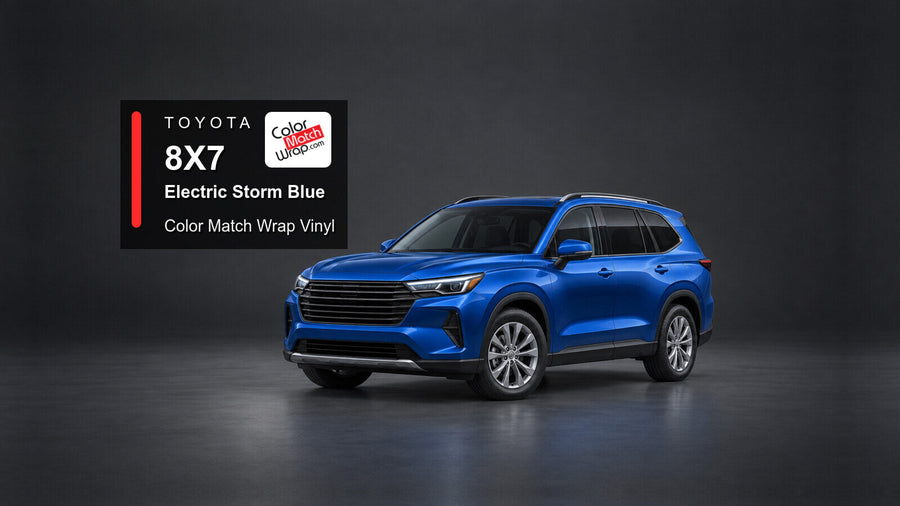 Illustrative Highlander-inspired SUV in Toyota 8X7 Electric Storm Blue with Color Match Wrap branding