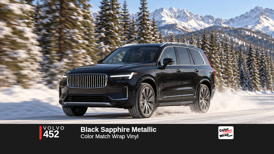 Illustrative XC90-inspired SUV in Volvo 452 Black Sapphire Metallic with Color Match Wrap branding