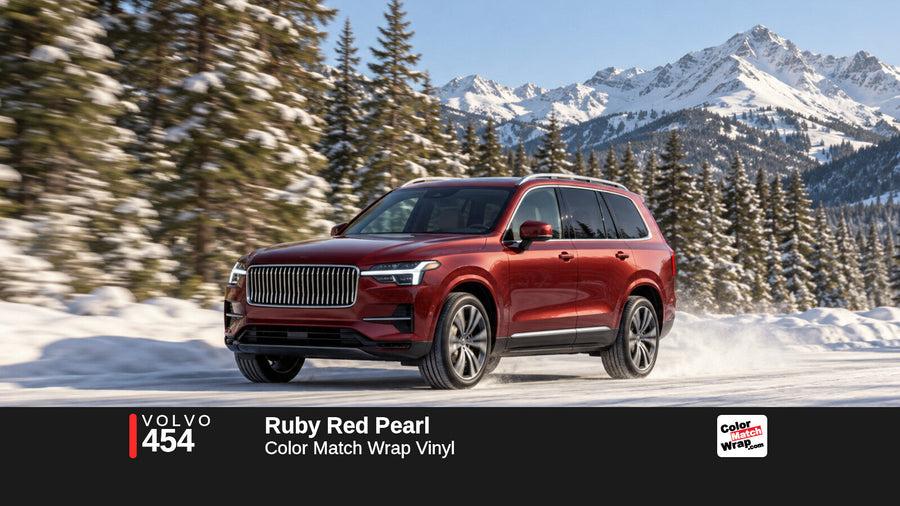 Illustrative XC90-inspired SUV in Volvo 454 Ruby Red Pearl with Color Match Wrap branding