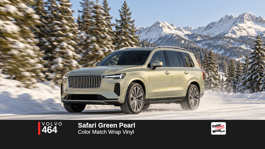 Illustrative XC90-inspired SUV in Volvo 464 Safari Green Pearl with Color Match Wrap branding