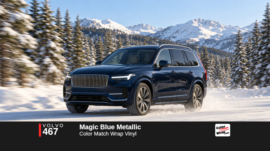 Illustrative XC90-inspired SUV in Volvo 467 Magic Blue Metallic with Color Match Wrap branding