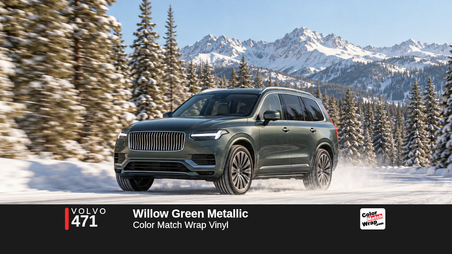 Illustrative XC90-inspired SUV in Volvo 471 Willow Green Metallic with Color Match Wrap branding