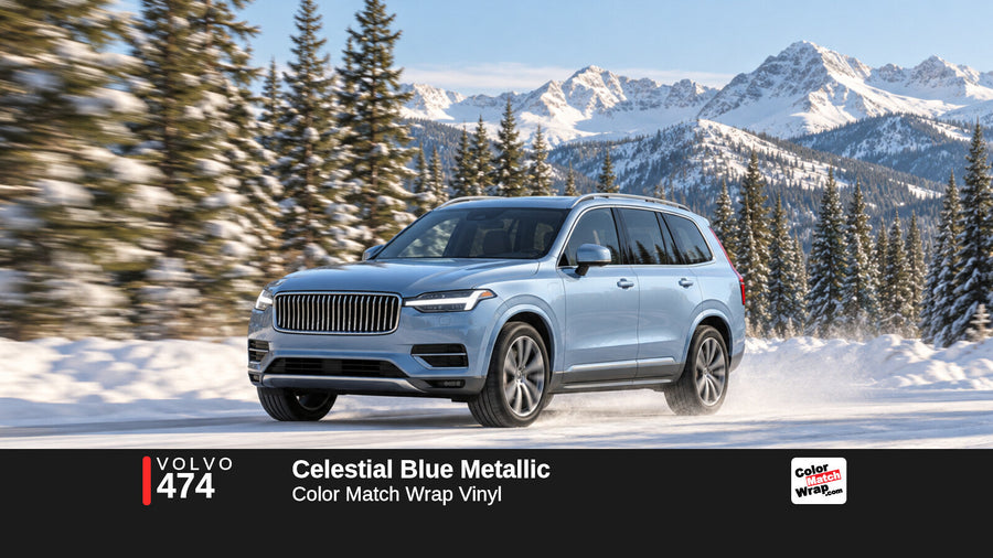 Illustrative XC90-inspired SUV in Volvo 474 Celestial Blue Metallic with Color Match Wrap branding