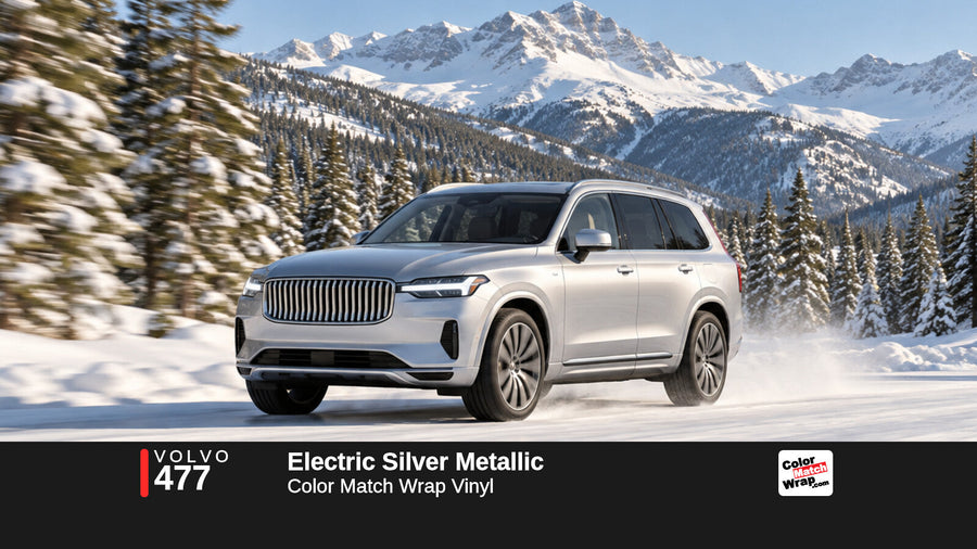 Illustrative XC90-inspired SUV in Volvo 477 Electric Silver Metallic with Color Match Wrap branding