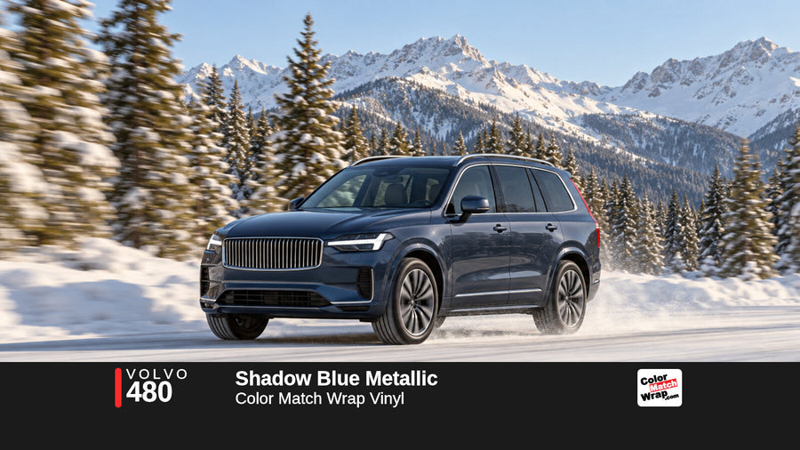 Illustrative XC90-inspired SUV in Volvo 480 Shadow Blue Metallic with Color Match Wrap branding