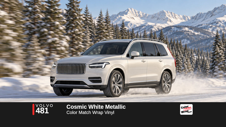 Illustrative XC90-inspired SUV in Volvo 481 Cosmic White Metallic with Color Match Wrap branding