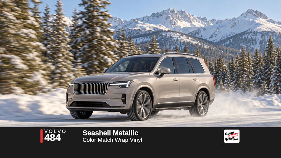 Illustrative XC90-inspired SUV in Volvo 484 Seashell Metallic with Color Match Wrap branding