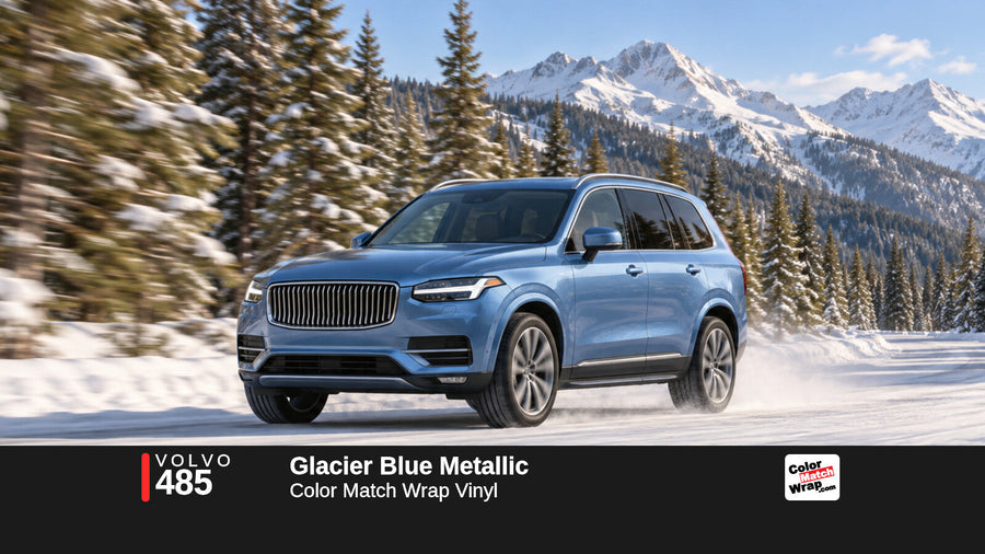 Illustrative XC90-inspired SUV in Volvo 485 Glacier Blue Metallic with Color Match Wrap branding