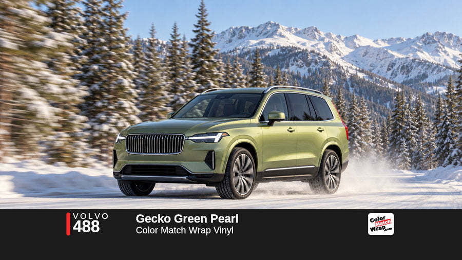 Illustrative XC90-inspired SUV in Volvo 488 Gecko Green Pearl with Color Match Wrap branding