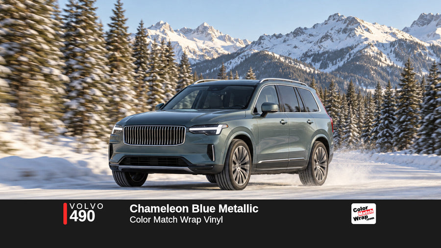 Illustrative XC90-inspired SUV in Volvo 490 Chameleon Blue Metallic with Color Match Wrap branding