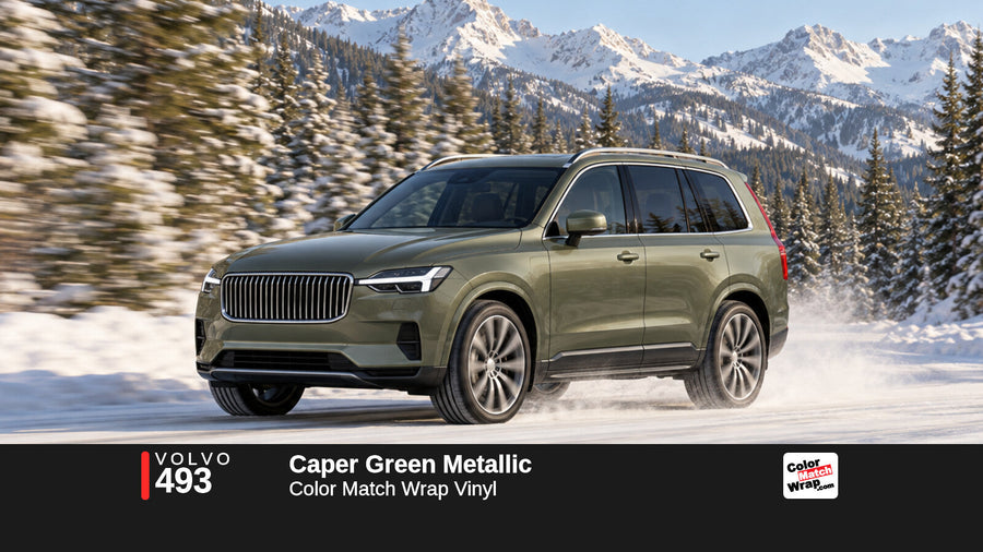 Illustrative XC90-inspired SUV in Volvo 493 Caper Green Metallic with Color Match Wrap branding