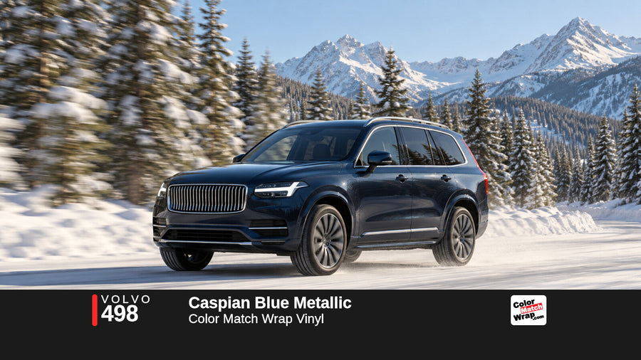 Illustrative XC90-inspired SUV in Volvo 498 Caspian Blue Metallic with Color Match Wrap branding