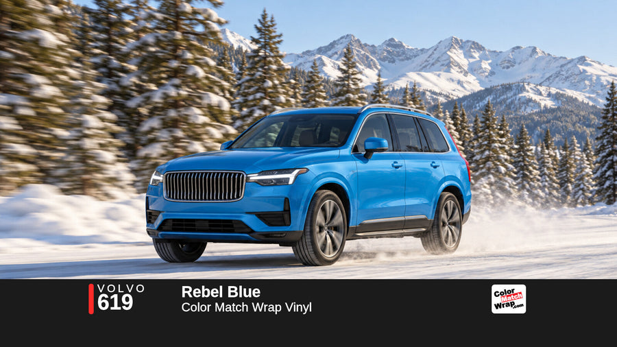 Illustrative XC90-inspired SUV in Volvo 619 Rebel Blue with Color Match Wrap branding
