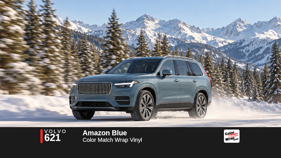 Illustrative XC90-inspired SUV in Volvo 621 Amazon Blue with Color Match Wrap branding