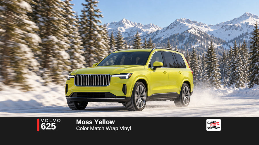 Illustrative XC90-inspired SUV in Volvo 625 Moss Yellow with Color Match Wrap branding