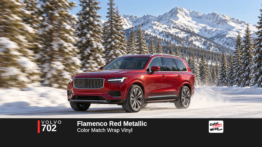 Illustrative XC90-inspired SUV in Volvo 702 Flamenco Red Metallic with Color Match Wrap branding