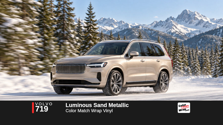 Illustrative XC90-inspired SUV in Volvo 719 Luminous Sand Metallic with Color Match Wrap branding