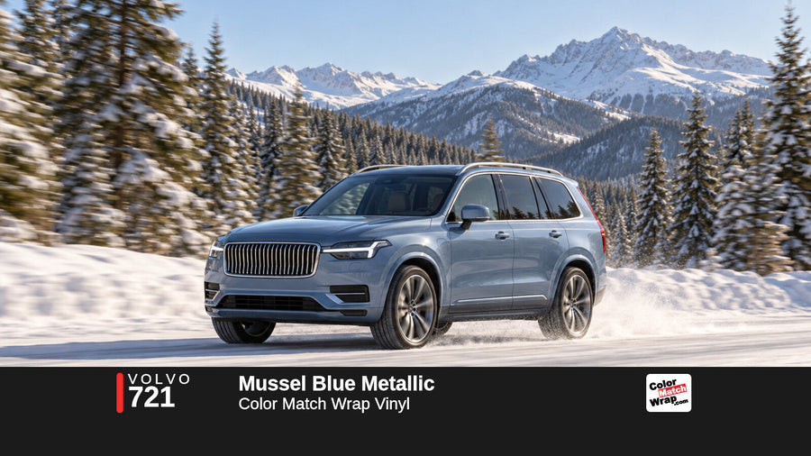Illustrative XC90-inspired SUV in Volvo 721 Mussel Blue Metallic with Color Match Wrap branding