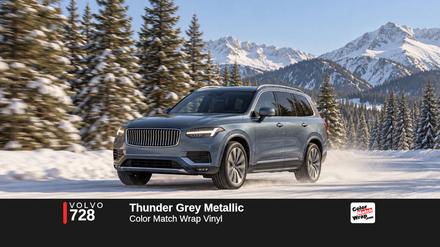 Illustrative XC90-inspired SUV in Volvo 728 Thunder Grey Metallic with Color Match Wrap branding
