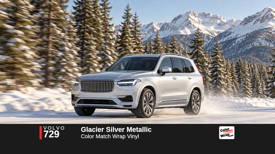 Illustrative XC90-inspired SUV in Volvo 729 Glacier Silver Metallic with Color Match Wrap branding