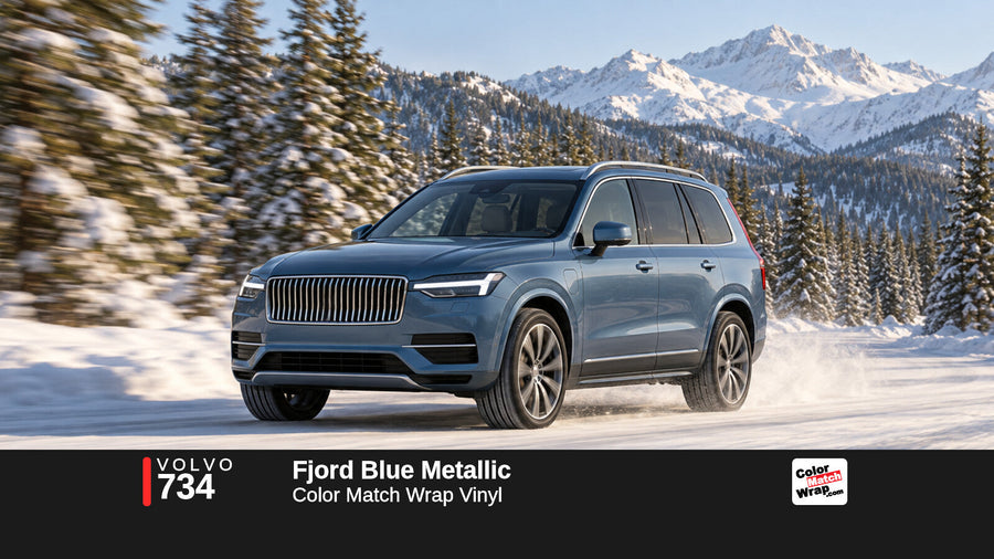 Illustrative XC90-inspired SUV in Volvo 734 Fjord Blue Metallic with Color Match Wrap branding